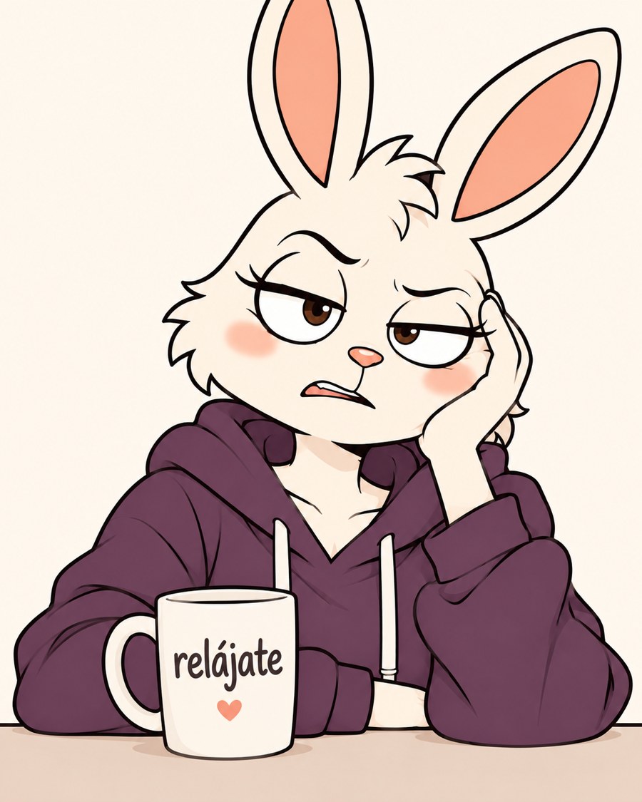 Beta, con su sudadera, apoyada en la mesa con cara de pocos amigos junto a una taza que dice relájate