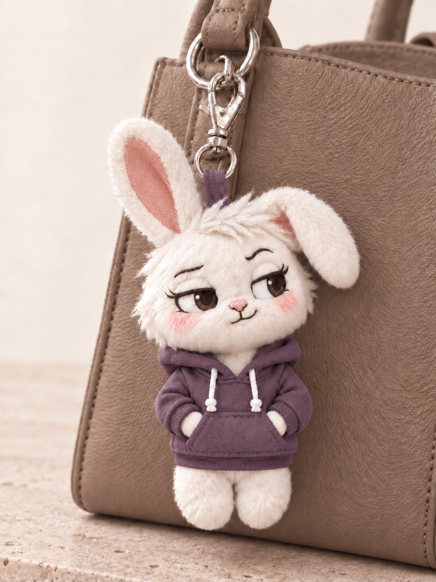 Charm de peluche de Beta con sudadera malva, colgado del asa de un bolso