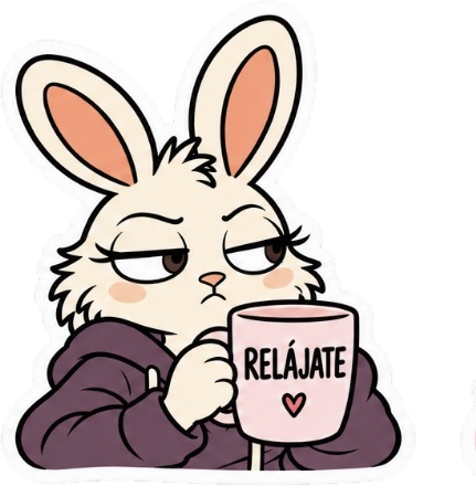 Beta mirando de reojo con una taza que dice RELÁJATE